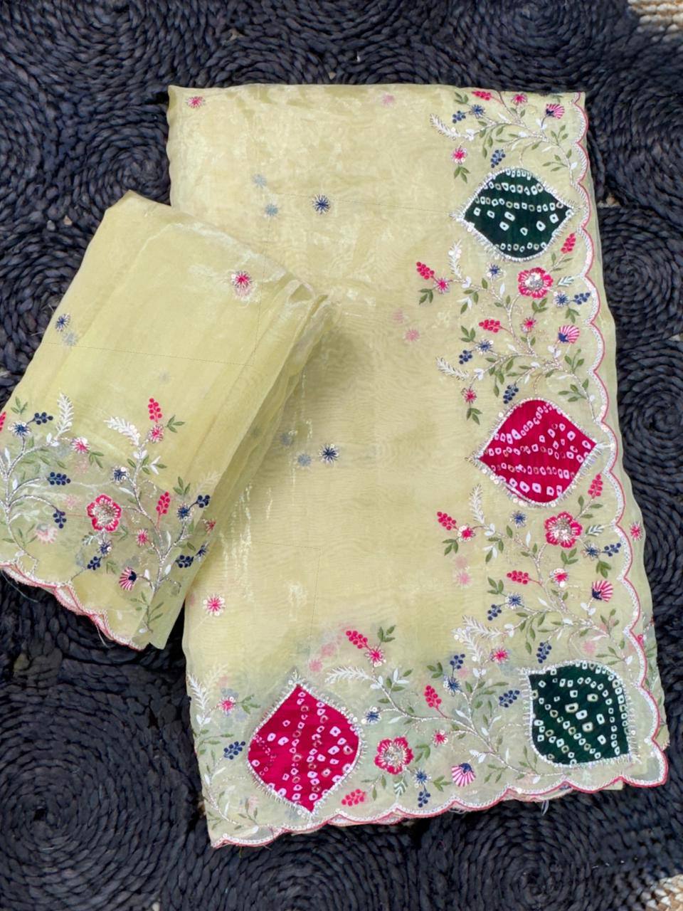 Zari Embroidery & Hand Applique Work Pastel Crystal Tissue Saree With Bandhej Blouse