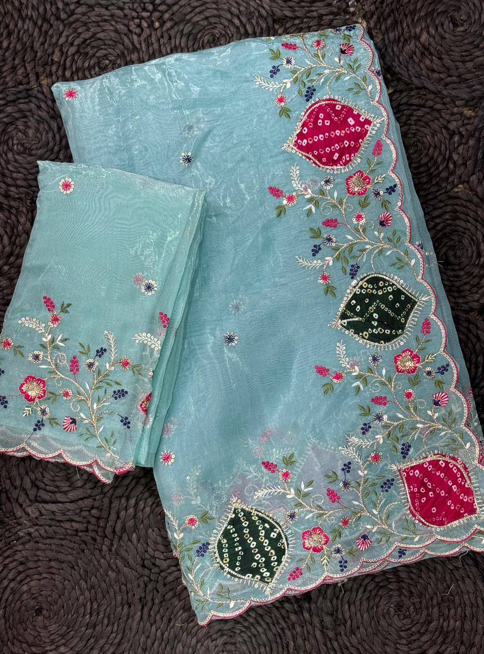 Zari Embroidery & Hand Applique Work Pastel Crystal Tissue Saree With Bandhej Blouse