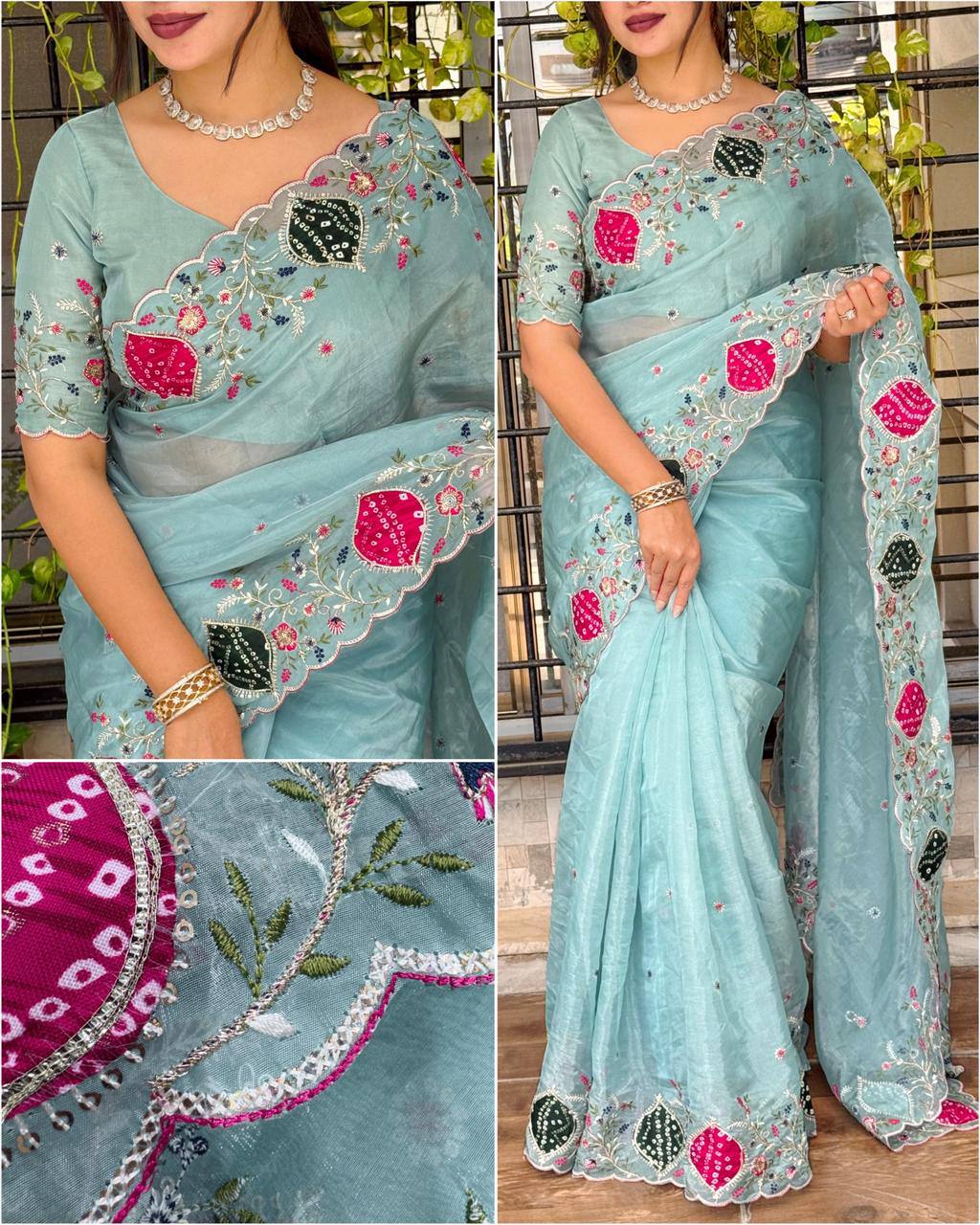 Zari Embroidery & Hand Applique Work Pastel Crystal Tissue Saree With Bandhej Blouse