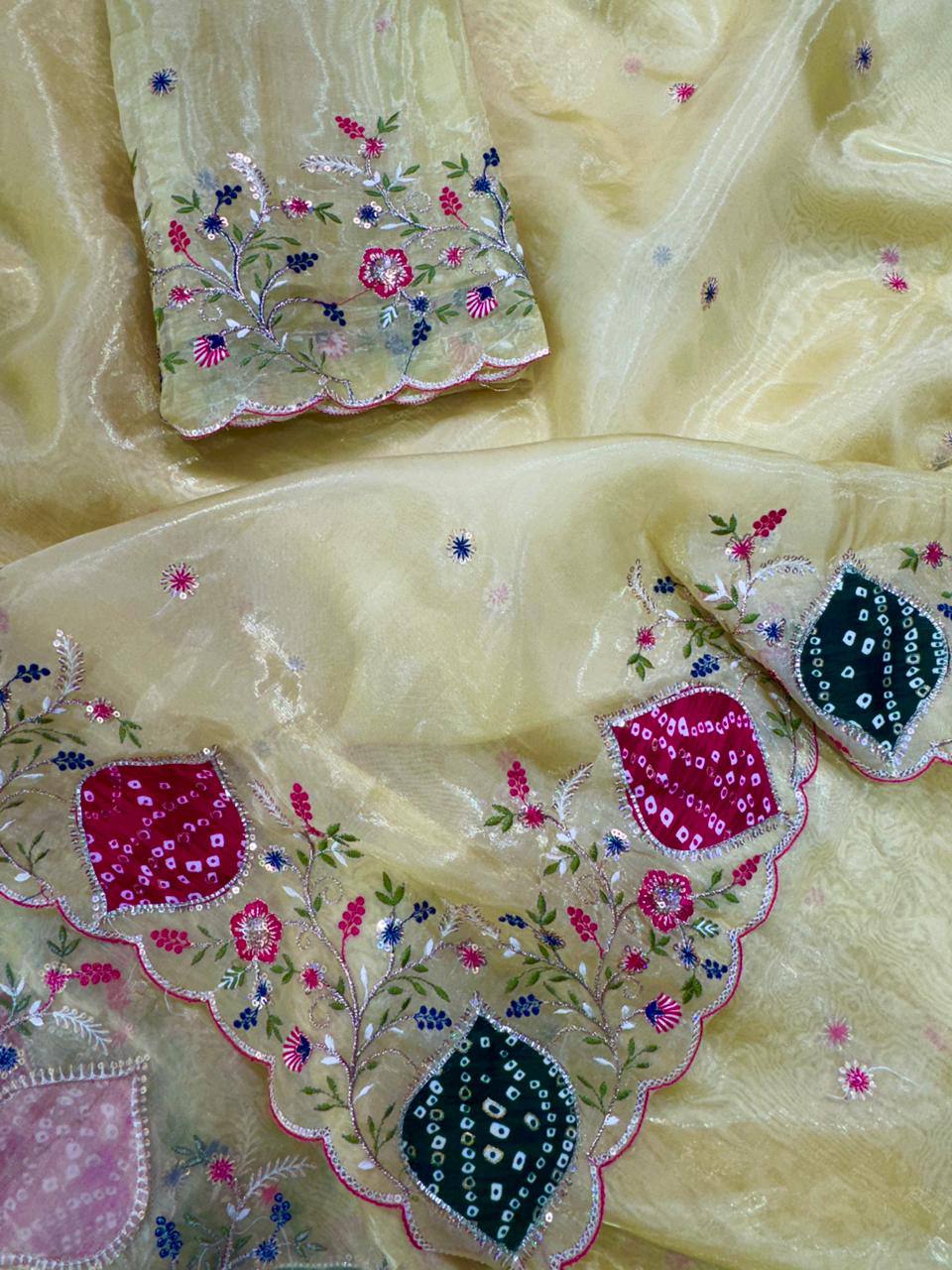 Zari Embroidery & Hand Applique Work Pastel Crystal Tissue Saree With Bandhej Blouse