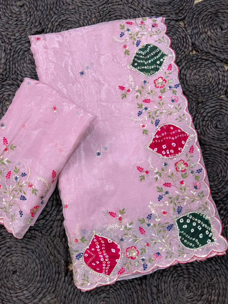 Zari Embroidery & Hand Applique Work Pastel Crystal Tissue Saree With Bandhej Blouse