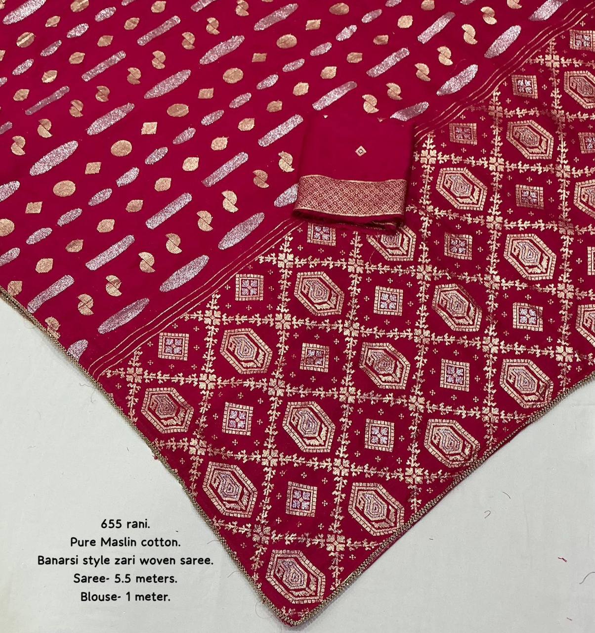 Fancy Banarasi Style Zari Woven Chanderi Muslin Cotton Saree WIth Blouse