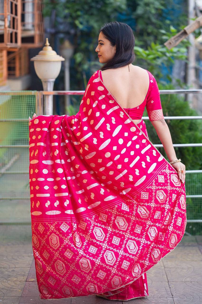 Fancy Banarasi Style Zari Woven Chanderi Muslin Cotton Saree WIth Blouse