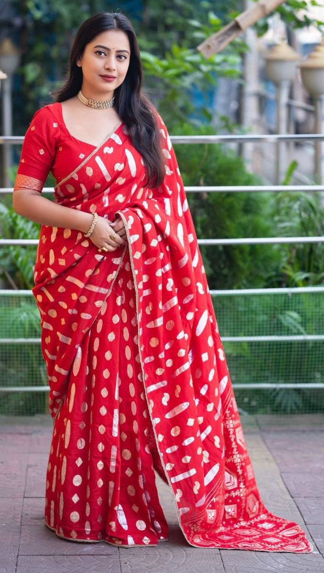 Fancy Banarasi Style Zari Woven Chanderi Muslin Cotton Saree WIth Blouse