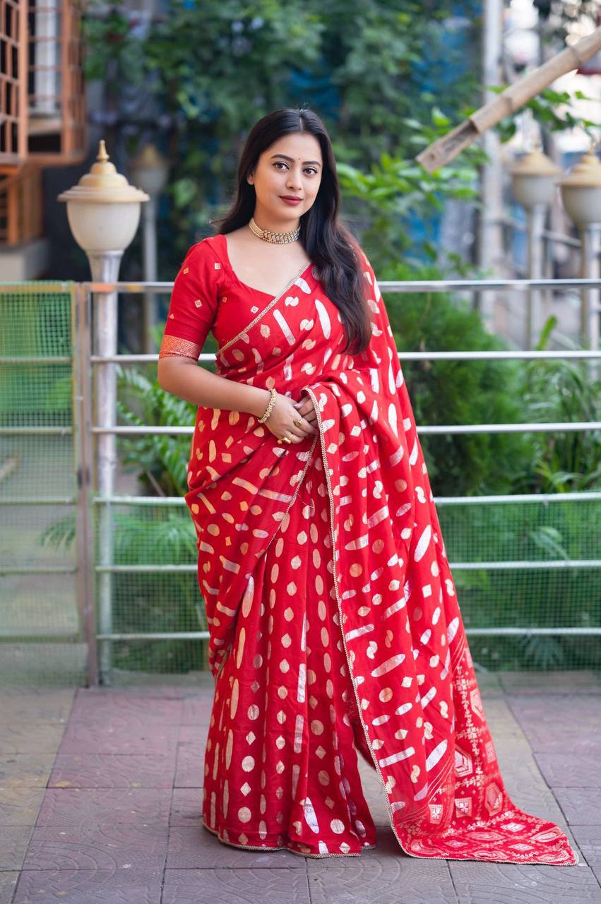 Fancy Banarasi Style Zari Woven Chanderi Muslin Cotton Saree WIth Blouse