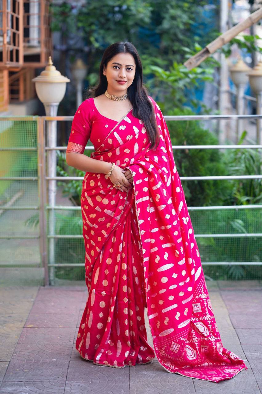 Fancy Banarasi Style Zari Woven Chanderi Muslin Cotton Saree WIth Blouse