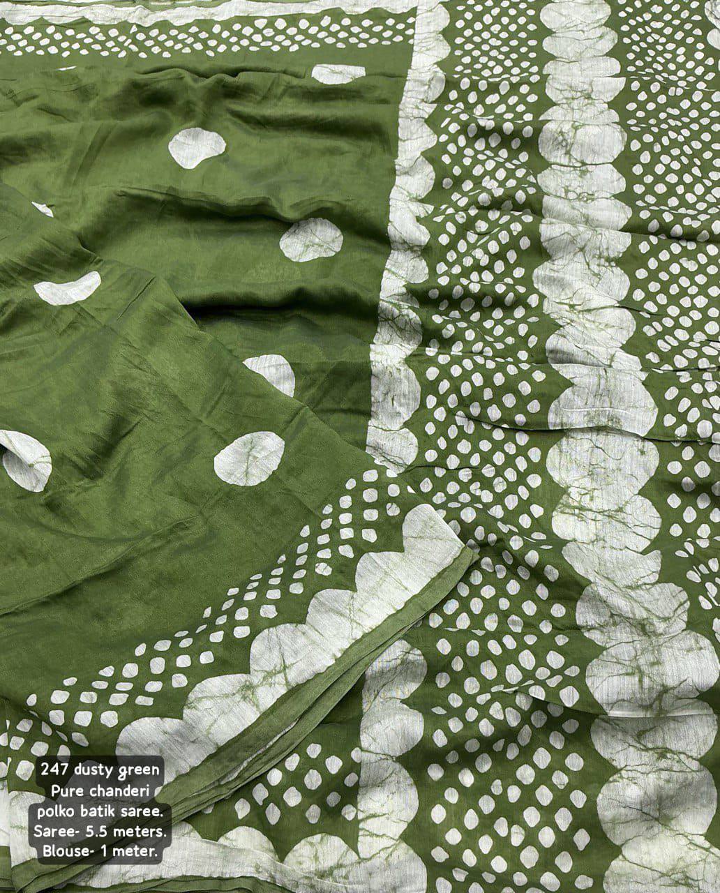 Handblock Polka Dot Batik Printed Pure Chanderi Cotton Saree With Blouse