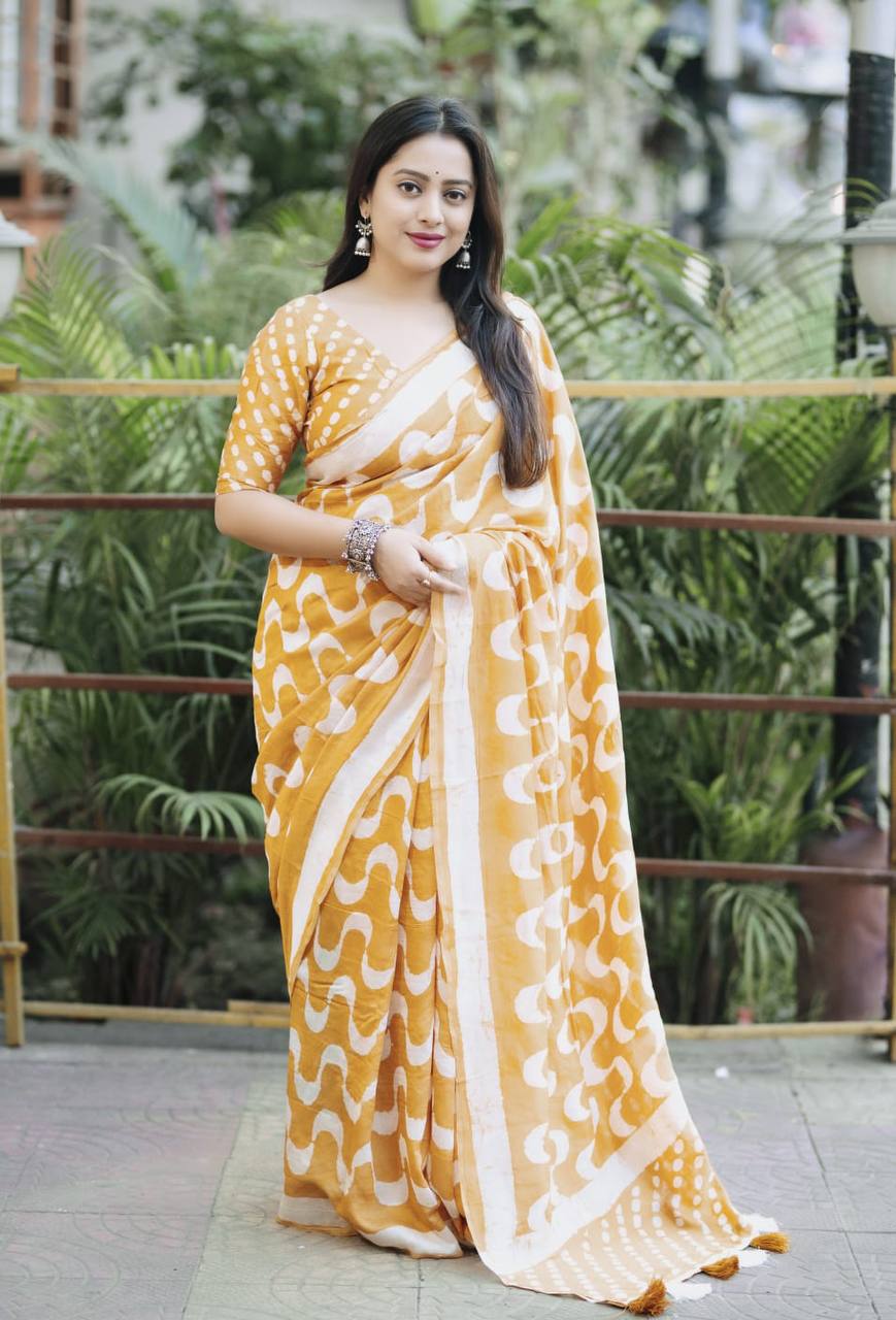 Handblock Leheriya Batik Printed Pure Chanderi Cotton Saree with  Blouse