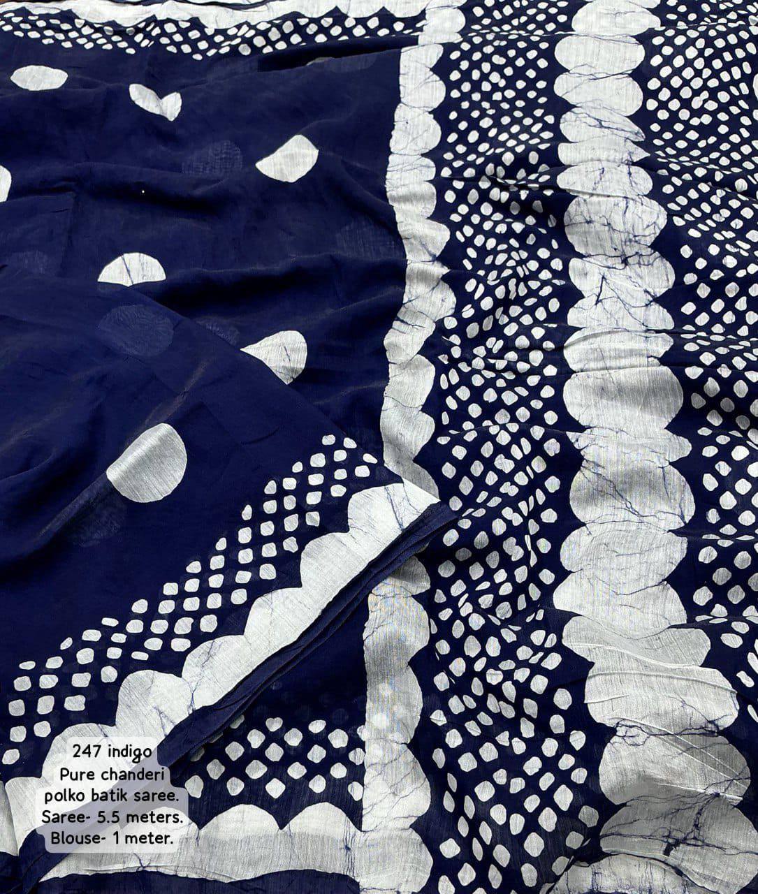 Handblock Polka Dot Batik Printed Pure Chanderi Cotton Saree With Blouse