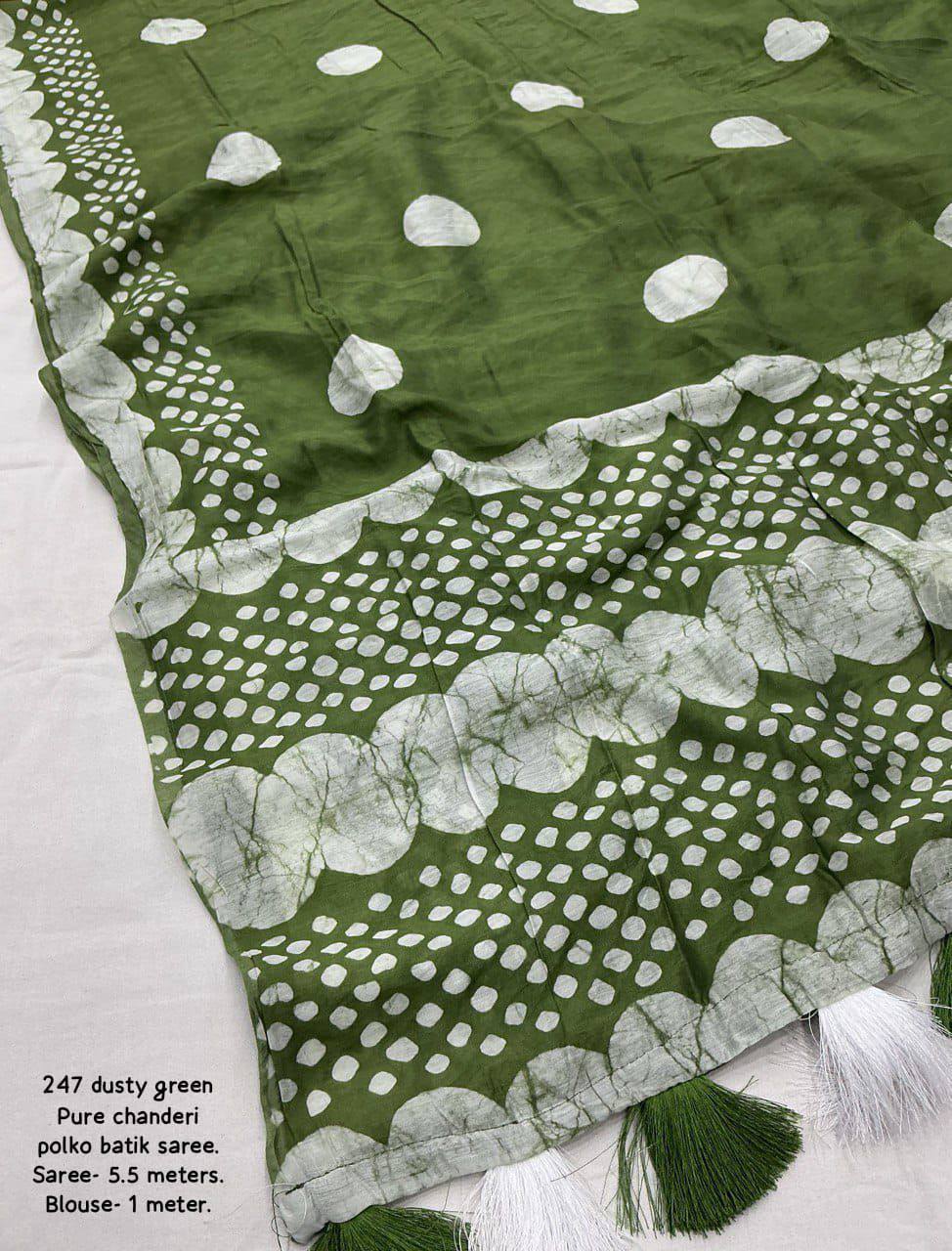 Handblock Polka Dot Batik Printed Pure Chanderi Cotton Saree With Blouse