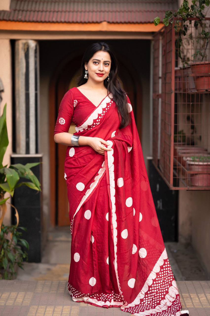 Handblock Polka Dot Batik Printed Pure Chanderi Cotton Saree With Blouse