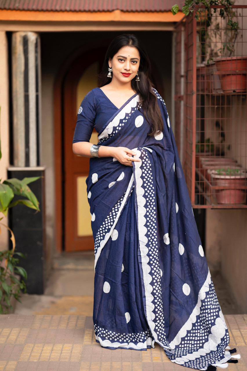 Handblock Polka Dot Batik Printed Pure Chanderi Cotton Saree With Blouse
