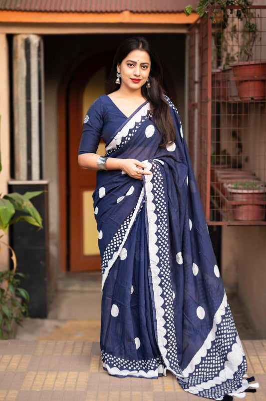 Handblock Polka Dot Batik Printed Pure Chanderi Cotton Saree With Blouse