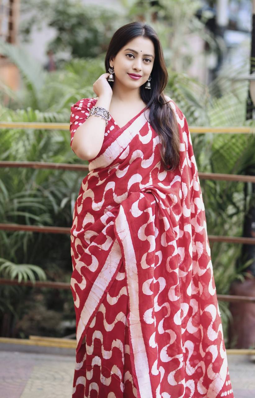 Handblock Leheriya Batik Printed Pure Chanderi Cotton Saree with  Blouse