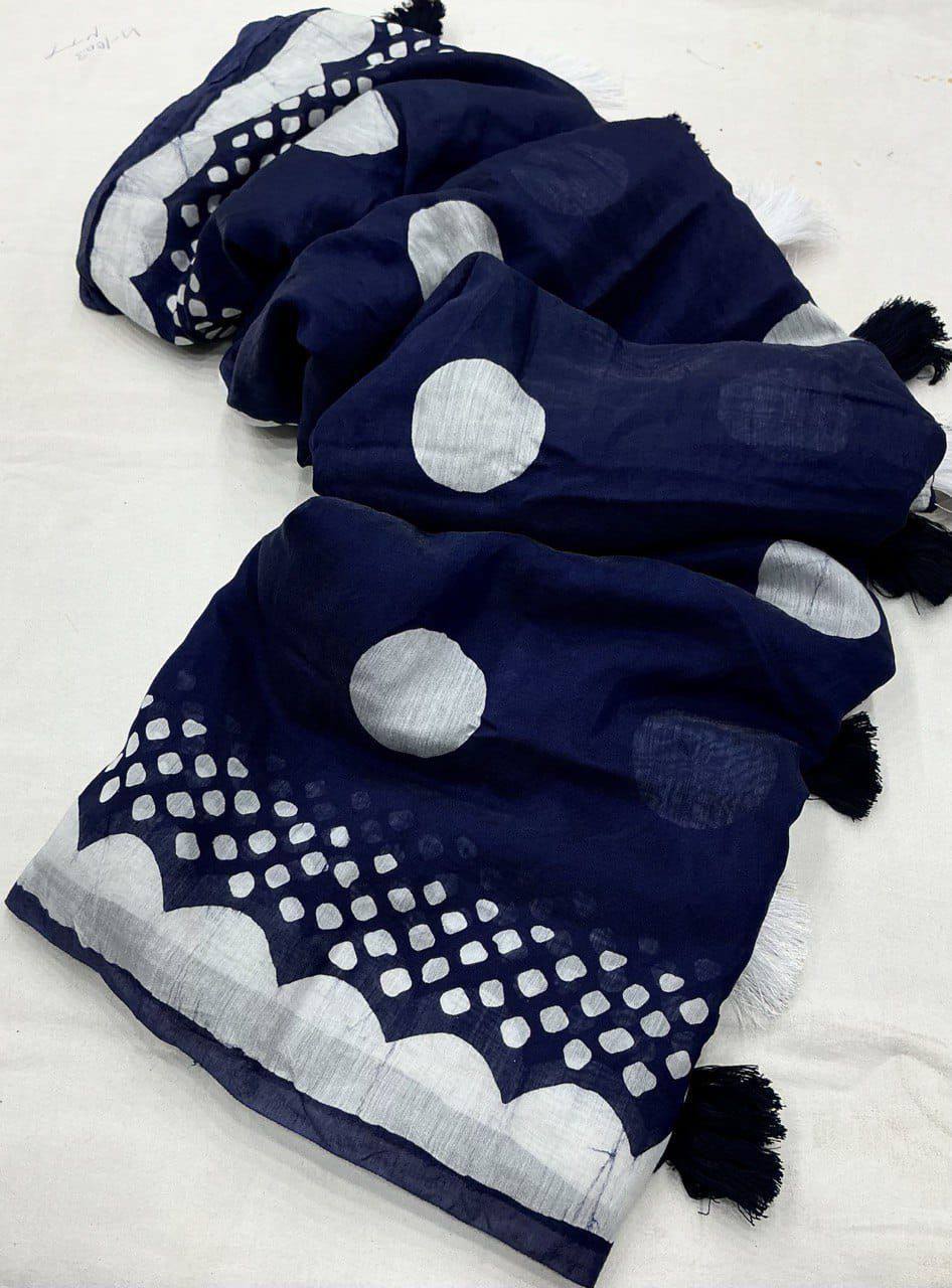 Handblock Polka Dot Batik Printed Pure Chanderi Cotton Saree With Blouse