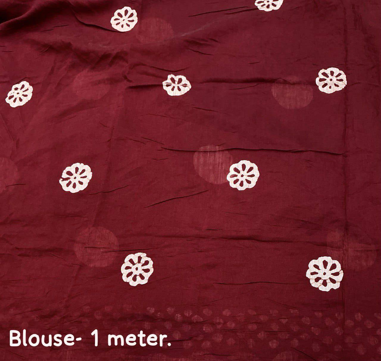 Handblock Polka Dot Batik Printed Pure Chanderi Cotton Saree With Blouse