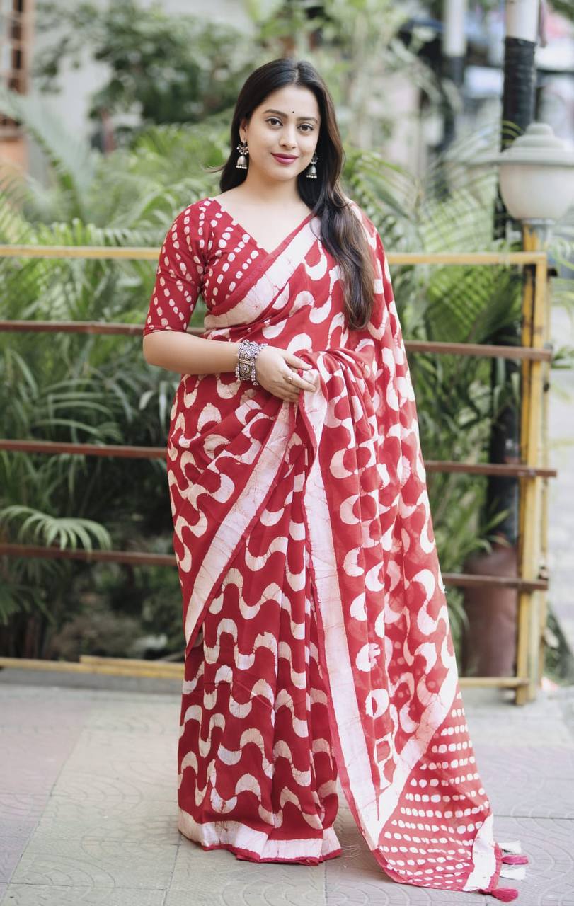 Handblock Leheriya Batik Printed Pure Chanderi Cotton Saree with  Blouse