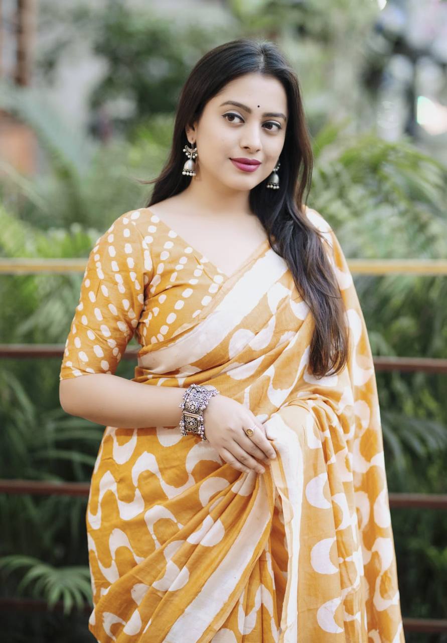 Handblock Leheriya Batik Printed Pure Chanderi Cotton Saree with  Blouse