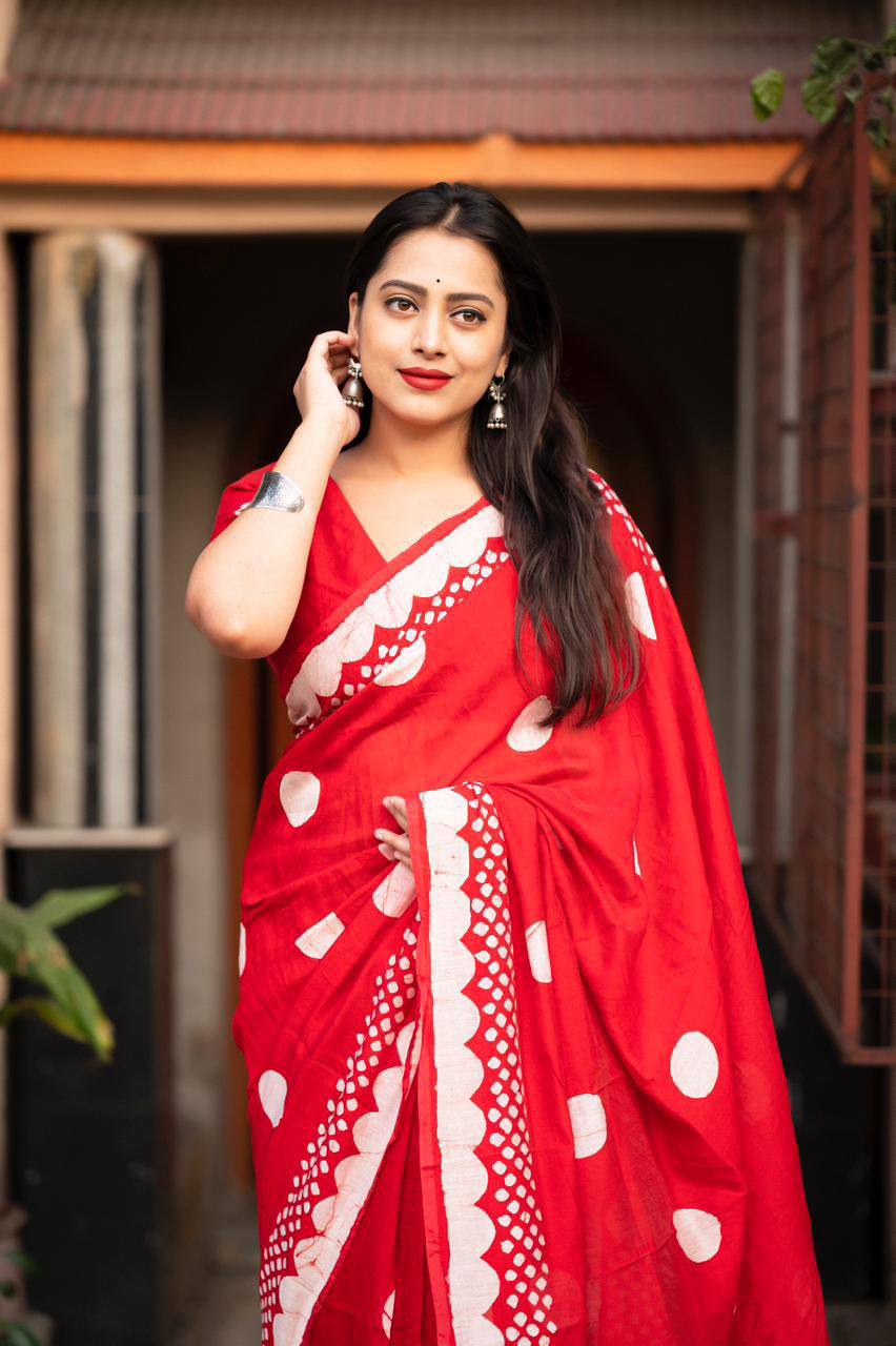 Handblock Polka Dot Batik Printed Pure Chanderi Cotton Saree With Blouse