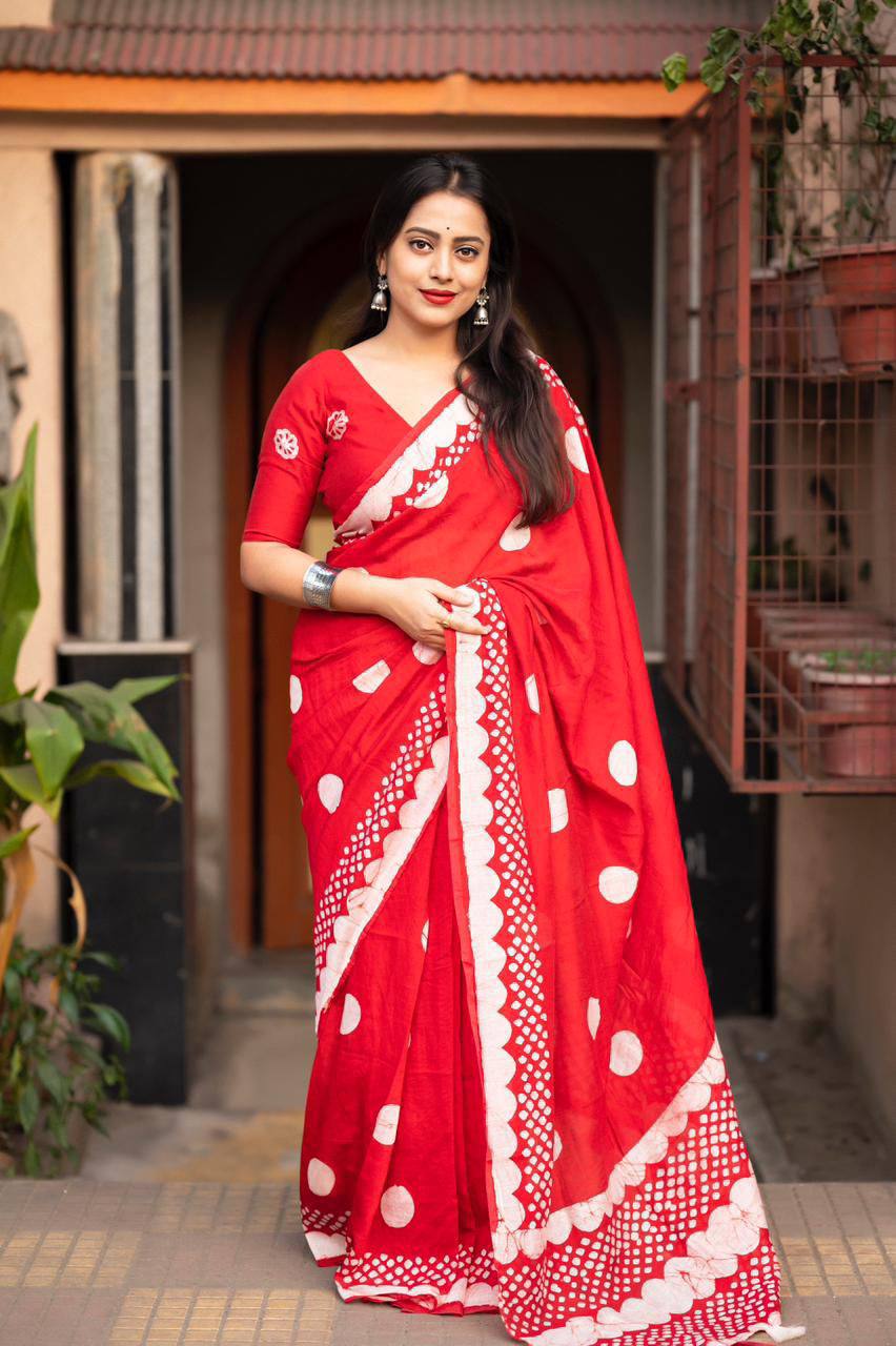 Handblock Polka Dot Batik Printed Pure Chanderi Cotton Saree With Blouse