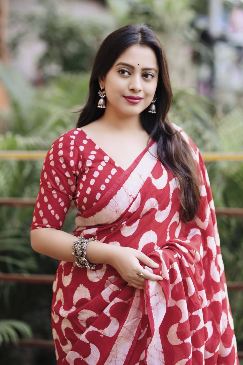 Handblock Leheriya Batik Printed Pure Chanderi Cotton Saree with  Blouse