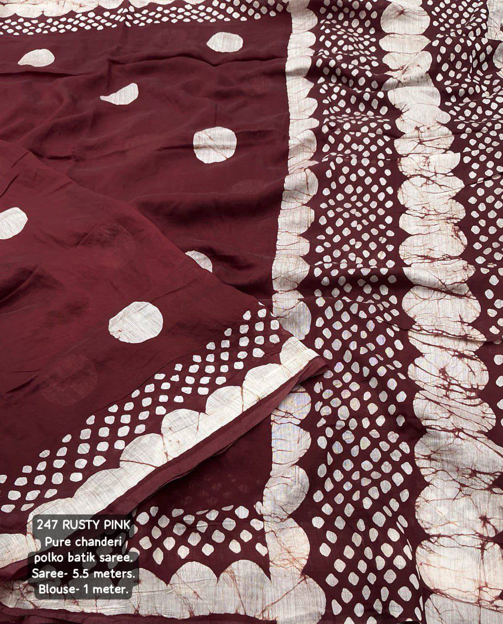 Handblock Polka Dot Batik Printed Pure Chanderi Cotton Saree With Blouse