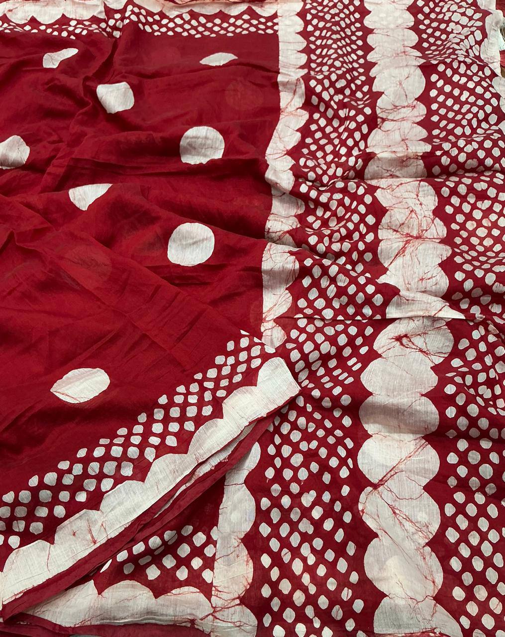 Handblock Polka Dot Batik Printed Pure Chanderi Cotton Saree With Blouse