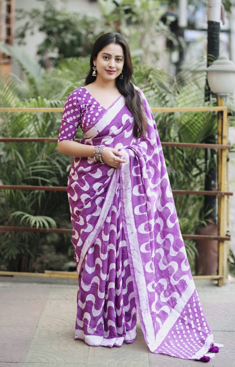 Handblock Leheriya Batik Printed Pure Chanderi Cotton Saree with  Blouse