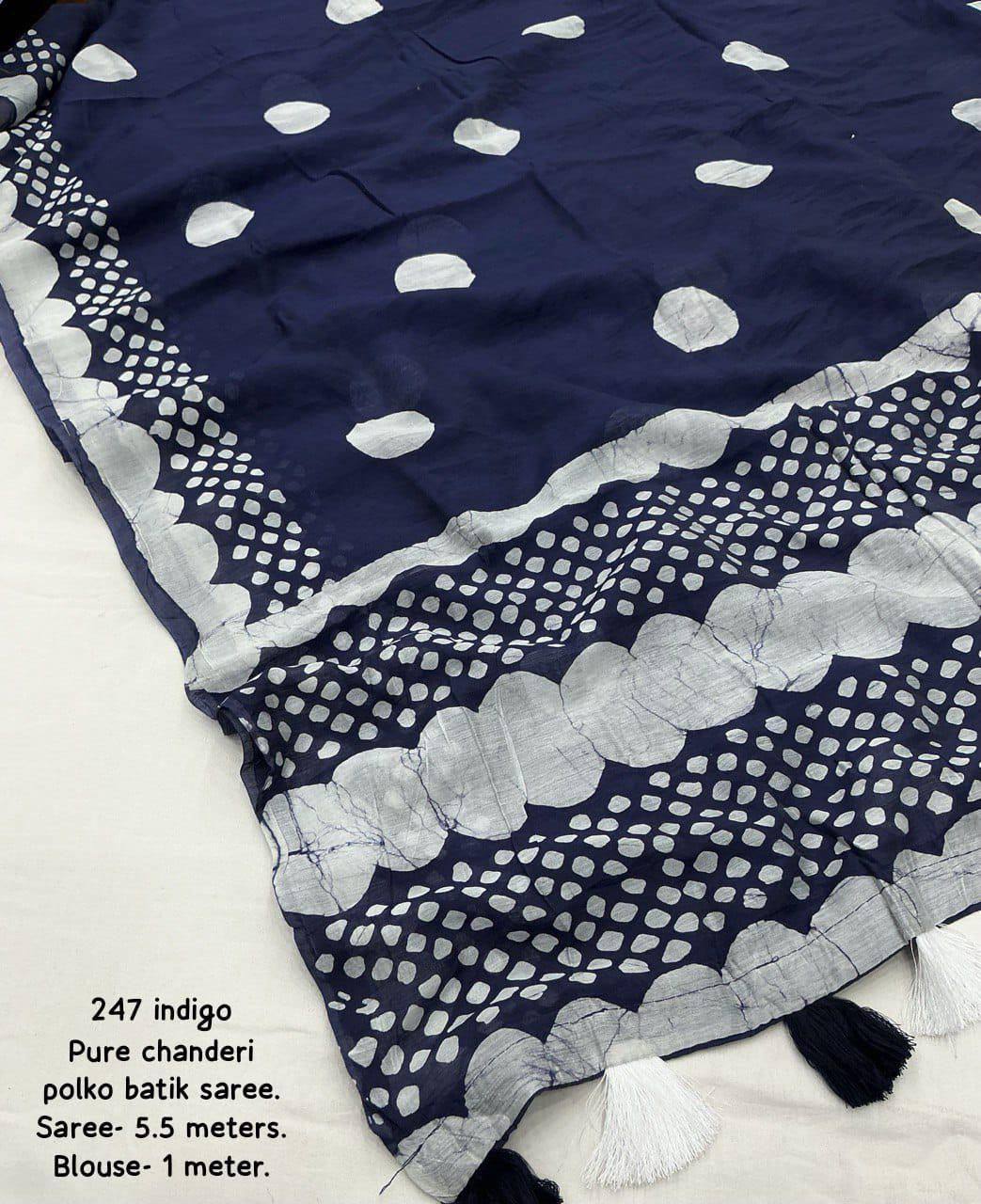 Handblock Polka Dot Batik Printed Pure Chanderi Cotton Saree With Blouse