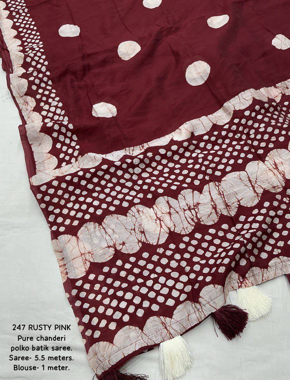 Handblock Polka Dot Batik Printed Pure Chanderi Cotton Saree With Blouse