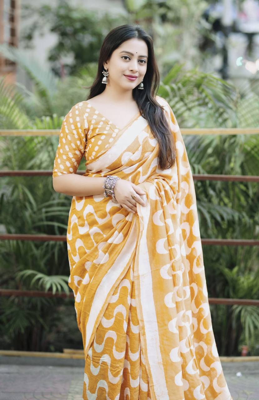 Handblock Leheriya Batik Printed Pure Chanderi Cotton Saree with  Blouse