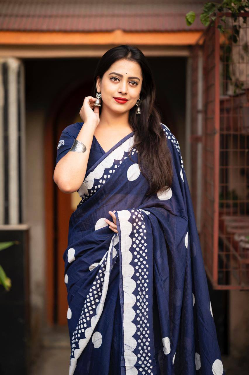 Handblock Polka Dot Batik Printed Pure Chanderi Cotton Saree With Blouse