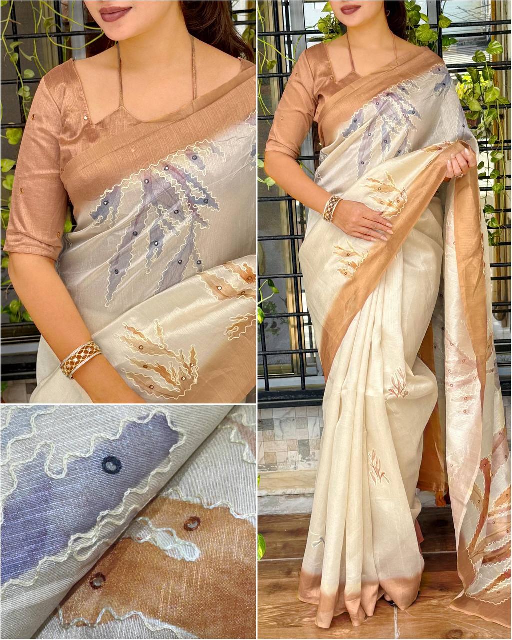 Hand Kantha & Mirror Work Tusser Linen Digital Print Saree with Blouse