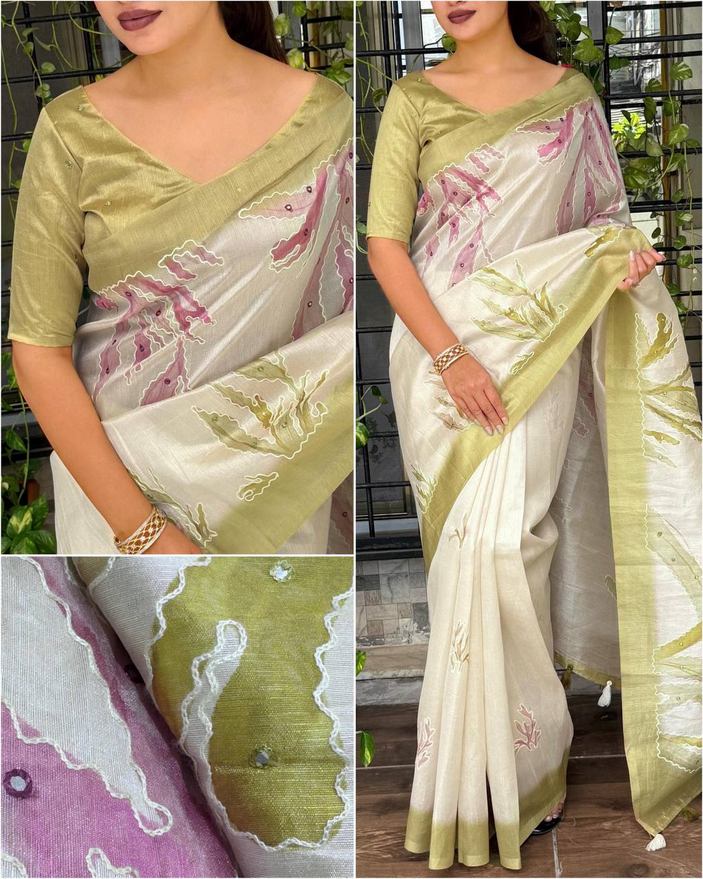Hand Kantha & Mirror Work Tusser Linen Digital Print Saree with Blouse