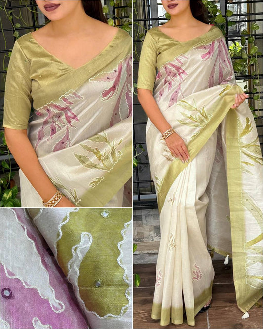 Hand Kantha & Mirror Work Tusser Linen Digital Print Saree with Blouse