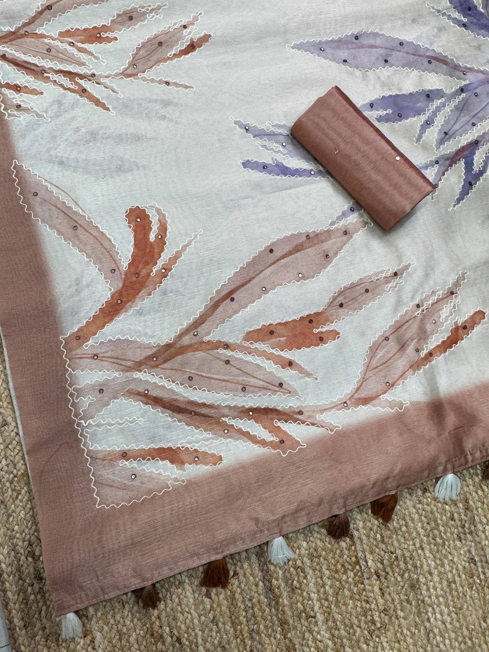 Hand Kantha & Mirror Work Tusser Linen Digital Print Saree with Blouse