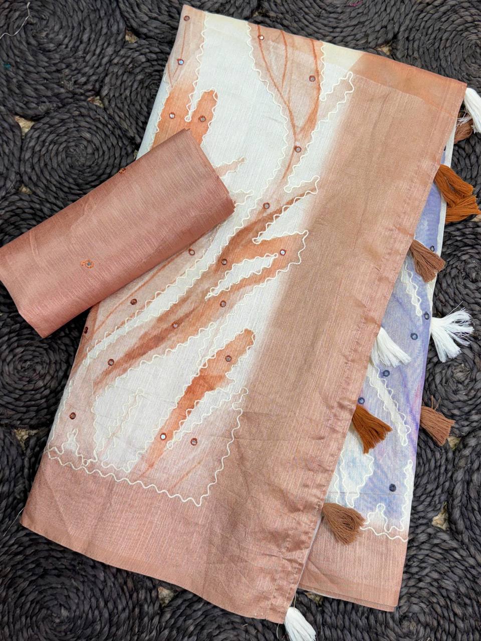 Hand Kantha & Mirror Work Tusser Linen Digital Print Saree with Blouse