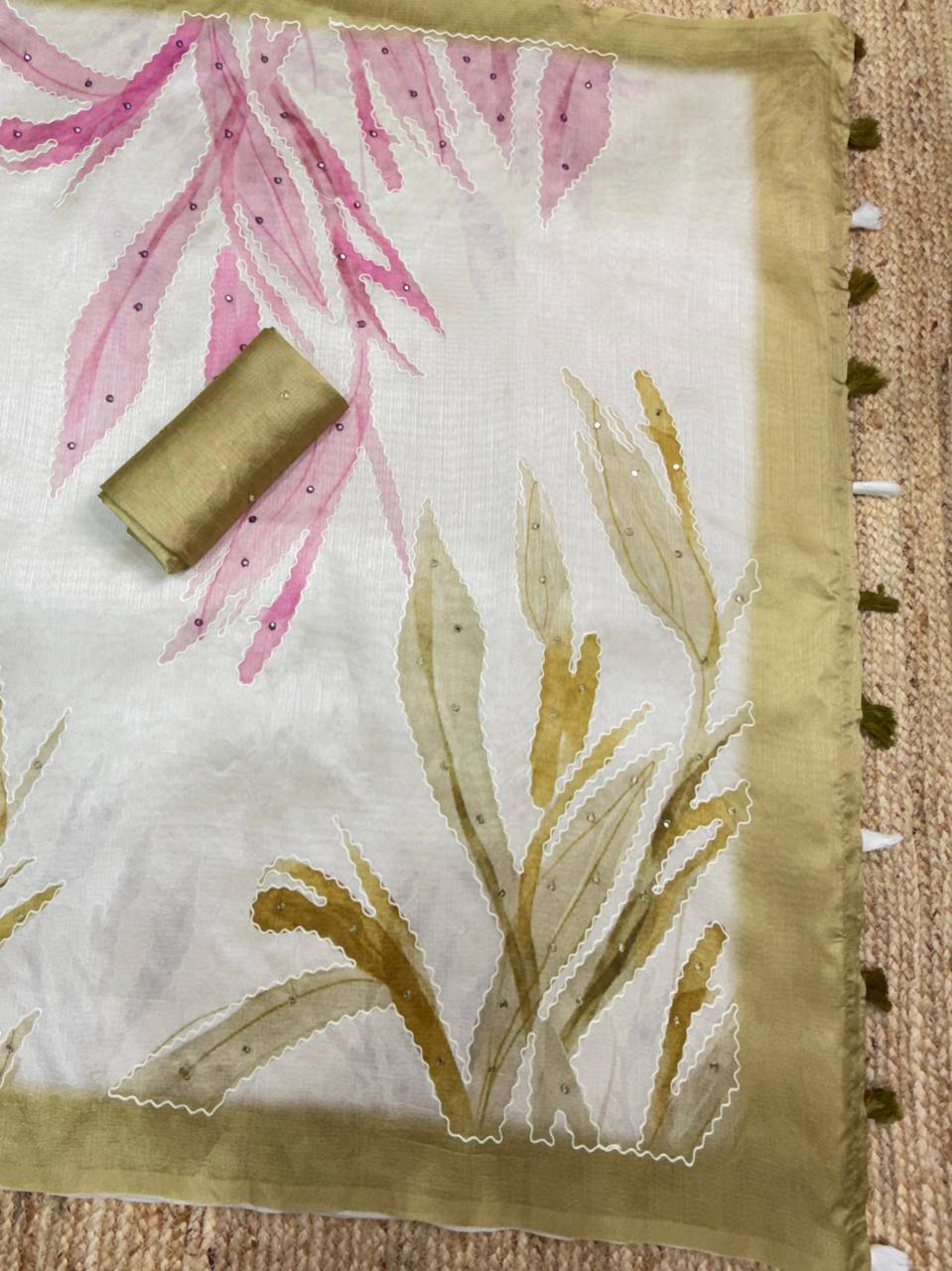 Hand Kantha & Mirror Work Tusser Linen Digital Print Saree with Blouse