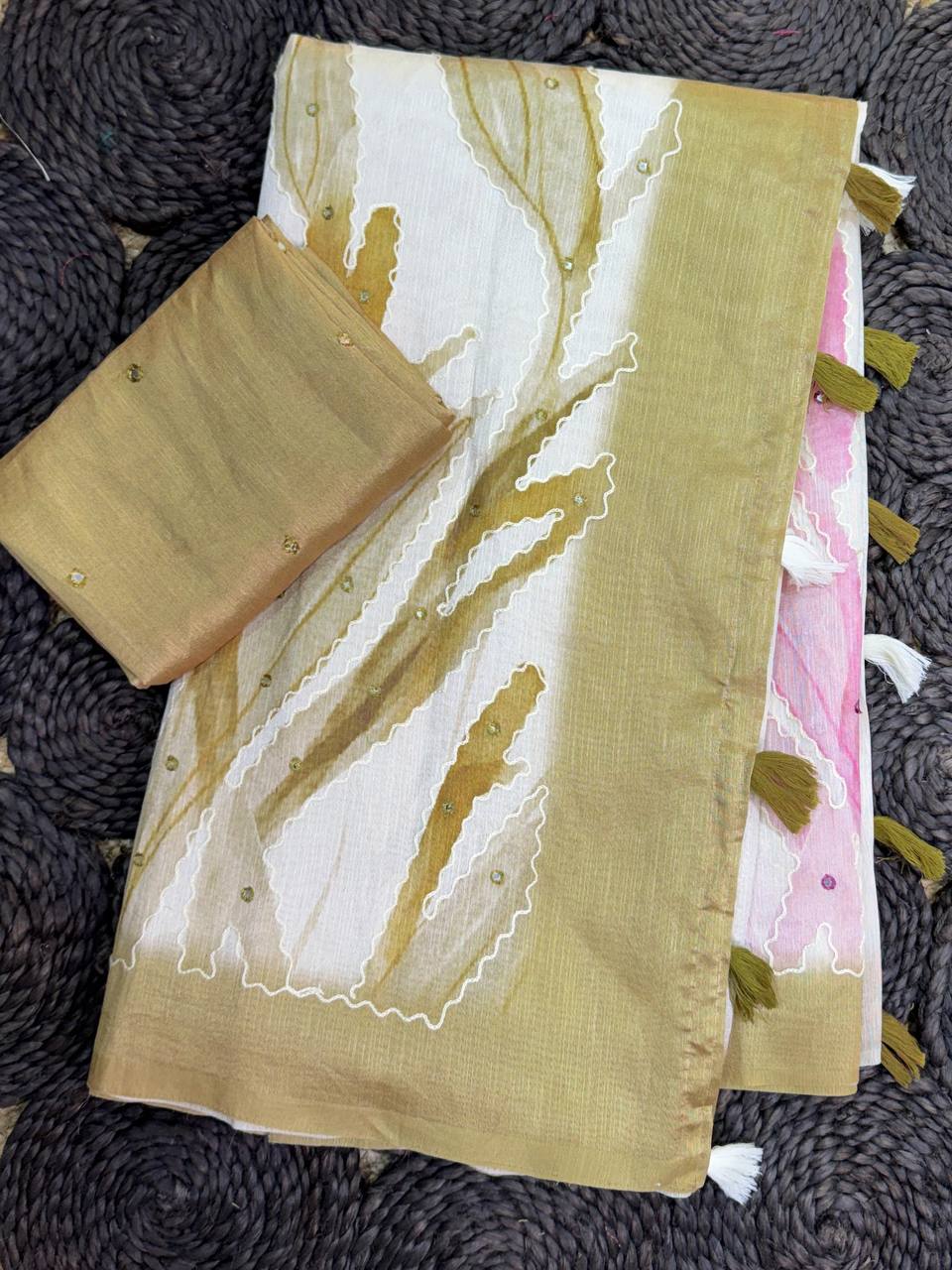 Hand Kantha & Mirror Work Tusser Linen Digital Print Saree with Blouse