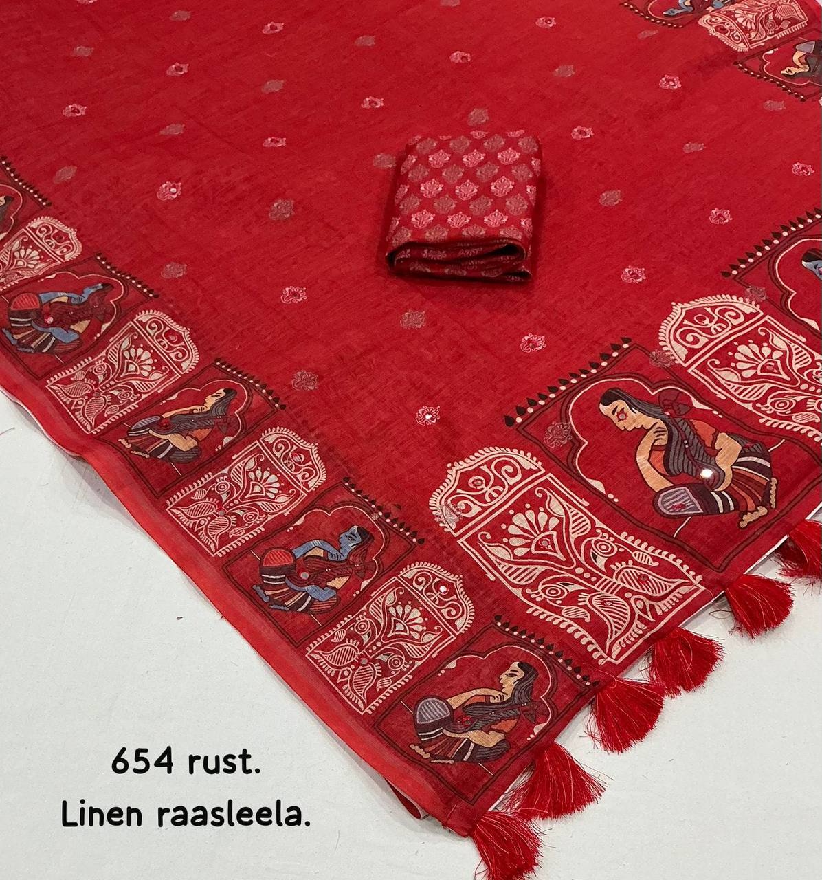 Fancy Rust Red Soft Linen Aari Mirror Work Kalamkari Printed Saree with Blouse