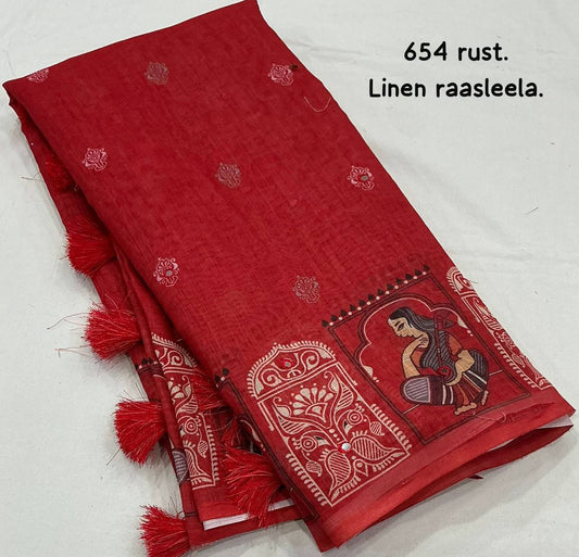 Fancy Rust Red Soft Linen Aari Mirror Work Kalamkari Printed Saree with Blouse