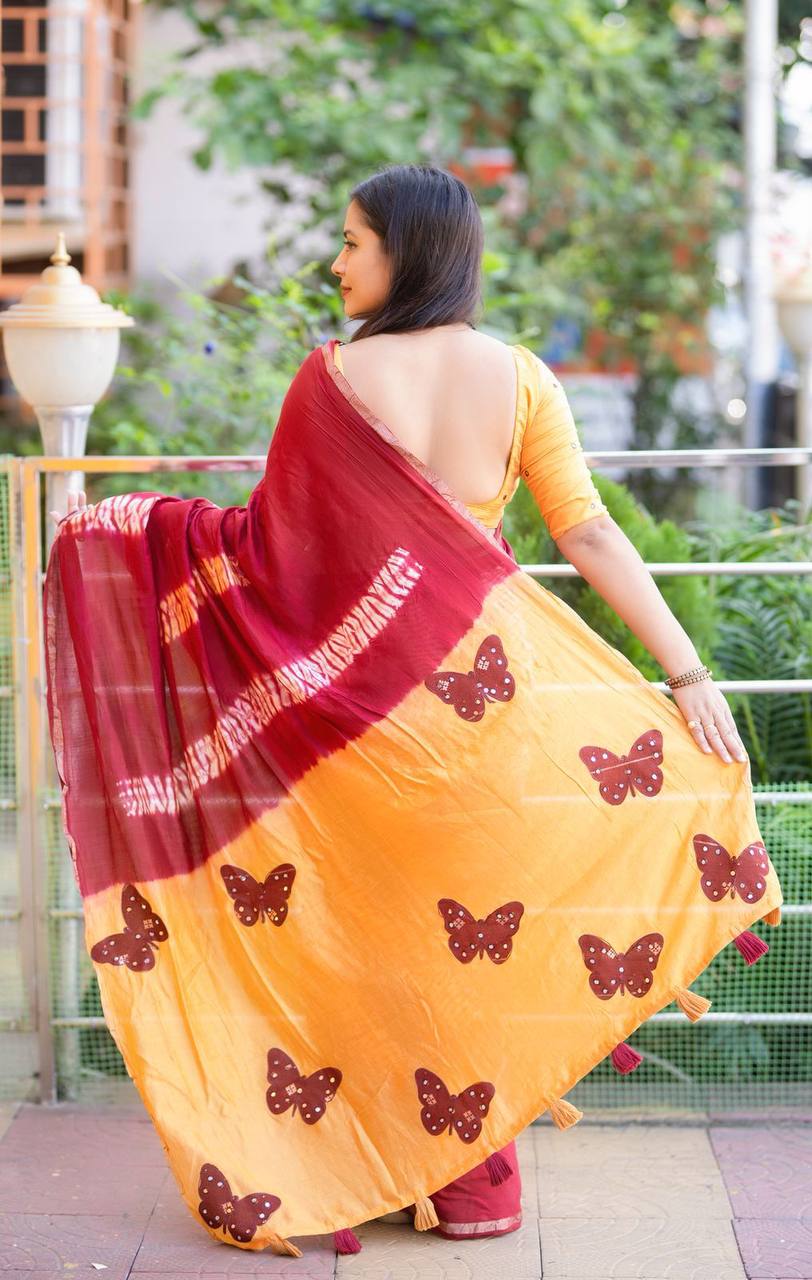 Butterfly Mirror Work Pure Chanderi Cotton Shibori Tie & Dye Saree with Blouse