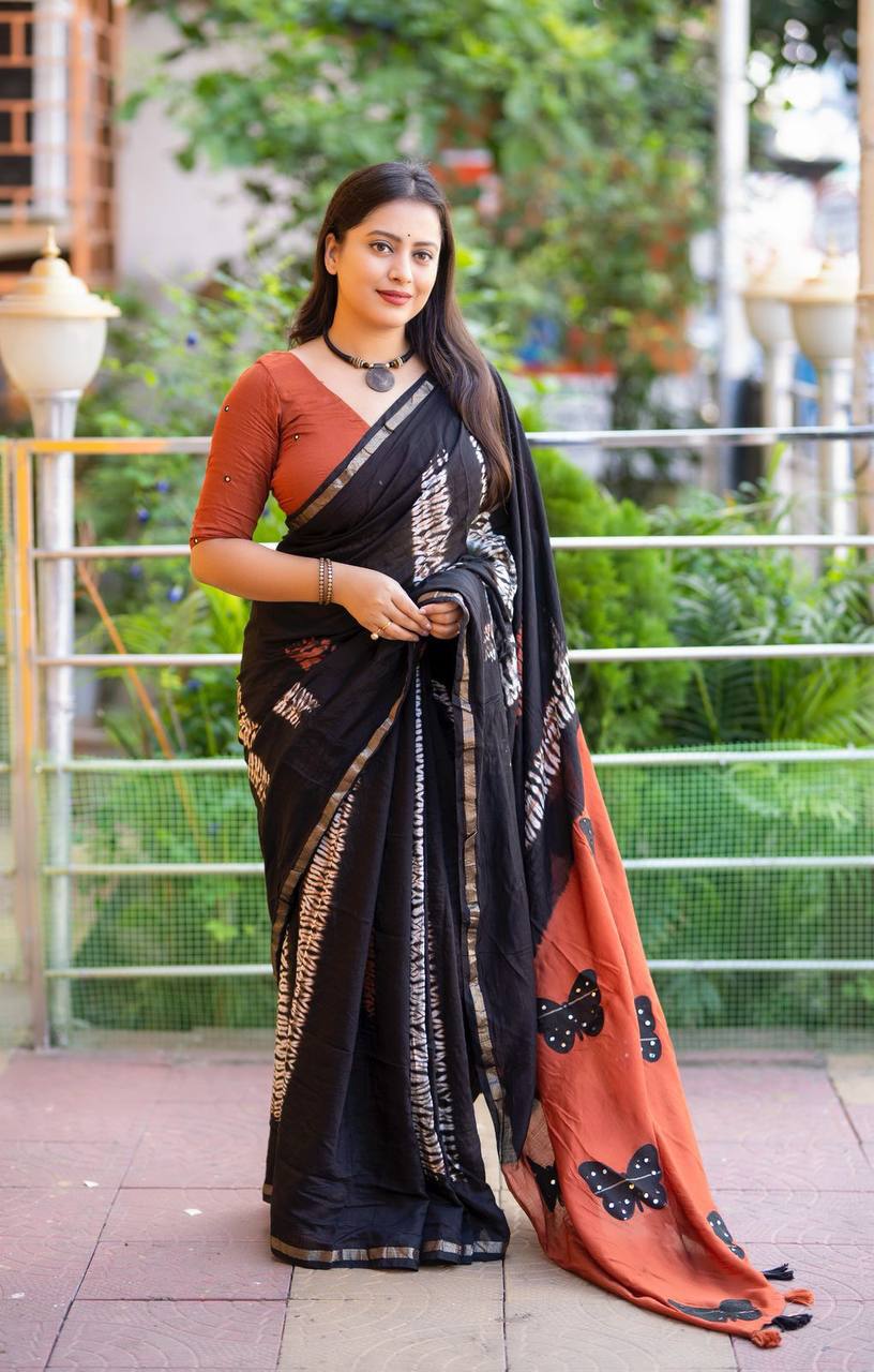 Butterfly Mirror Work Pure Chanderi Cotton Shibori Tie & Dye Saree with Blouse