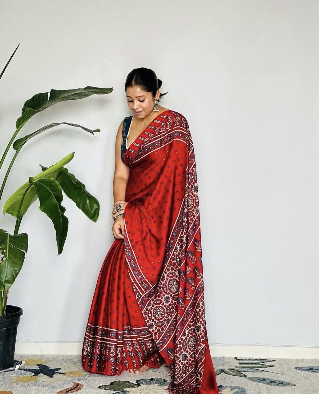 Ajrakh Digital Printed Original Modal Silk Saree with Attached Blouse