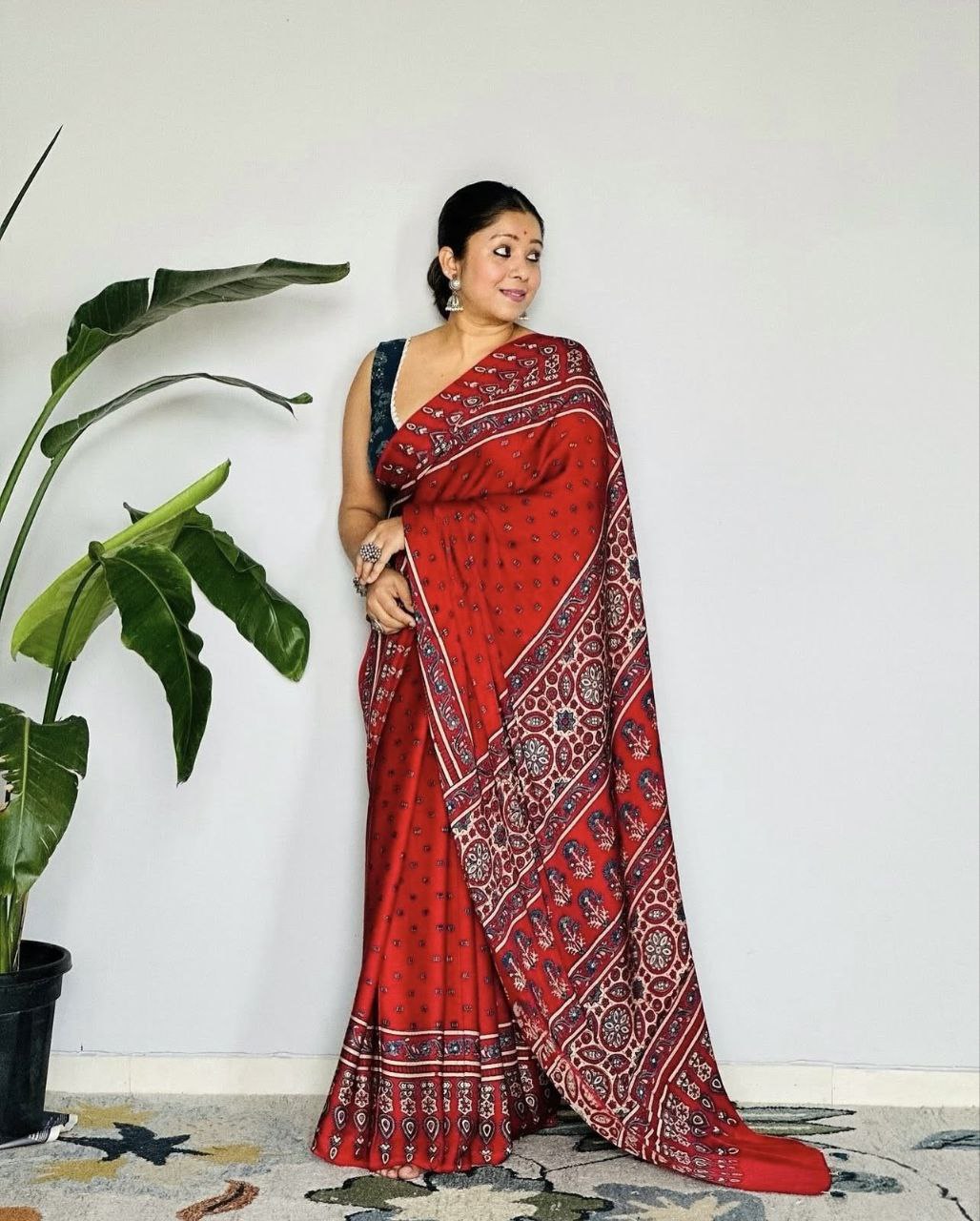 Ajrakh Digital Printed Original Modal Silk Saree with Attached Blouse