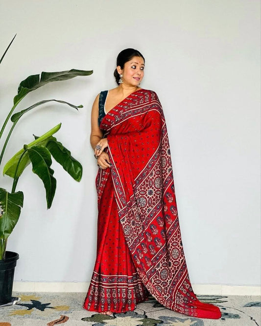 Ajrakh Digital Printed Original Modal Silk Saree with Attached Blouse