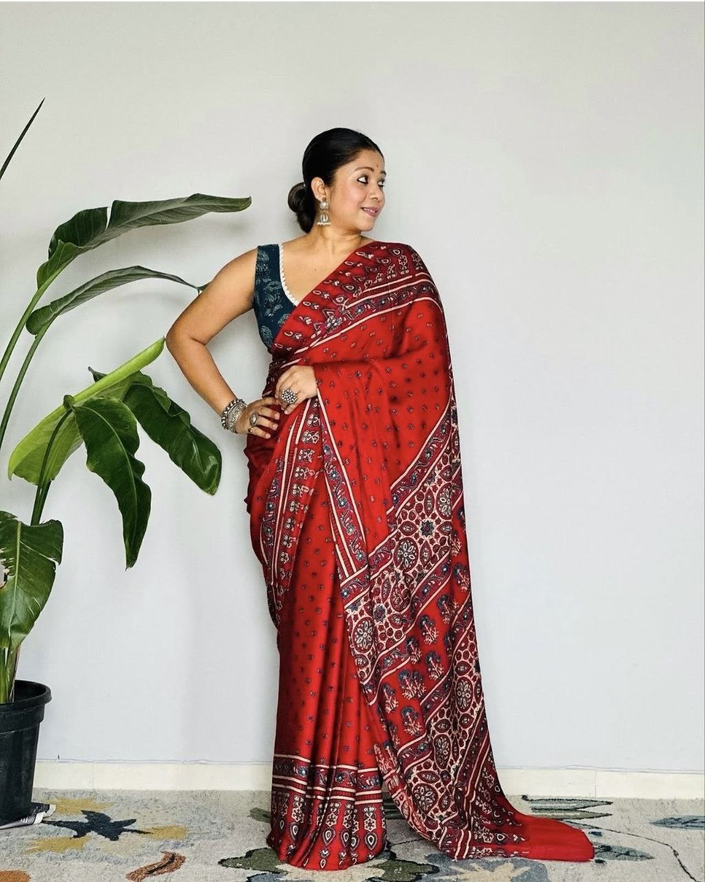 Ajrakh Digital Printed Original Modal Silk Saree with Attached Blouse