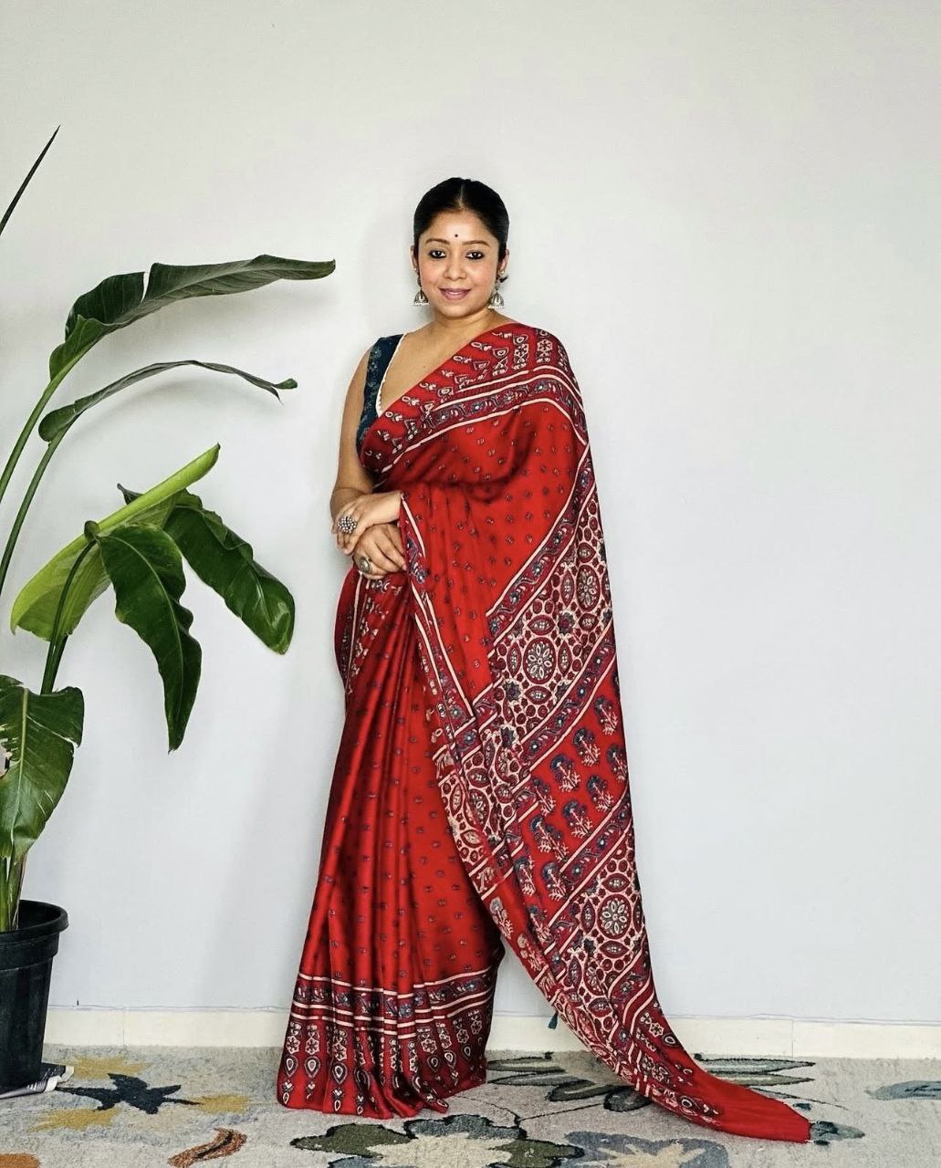 Ajrakh Digital Printed Original Modal Silk Saree with Attached Blouse