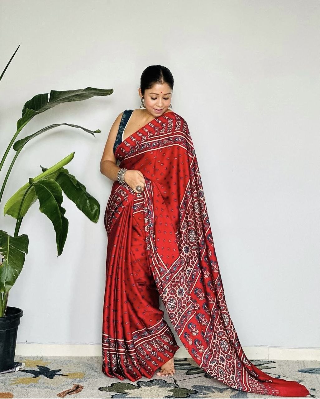 Ajrakh Digital Printed Original Modal Silk Saree with Attached Blouse