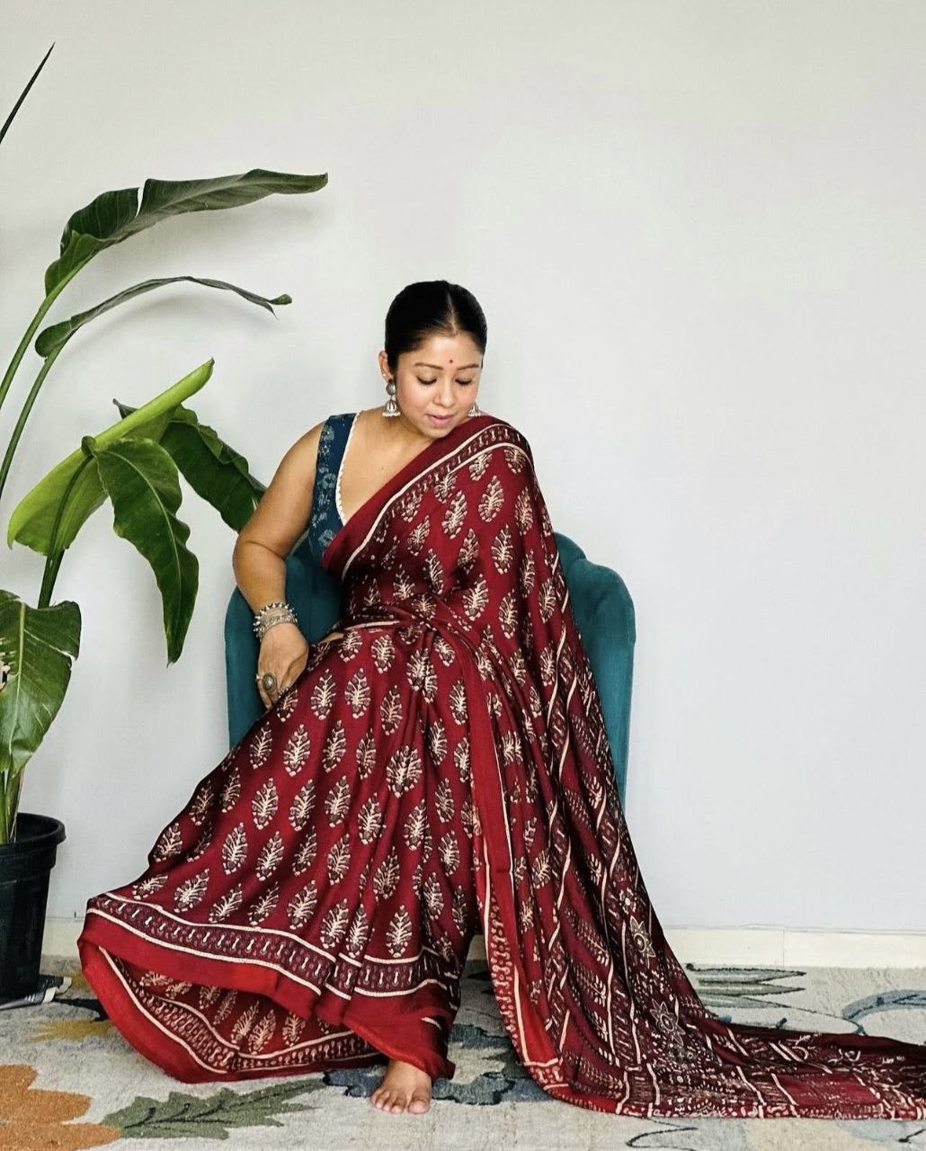 Ajrakh Digital Printed Original Modal Silk Saree with Attached Blouse